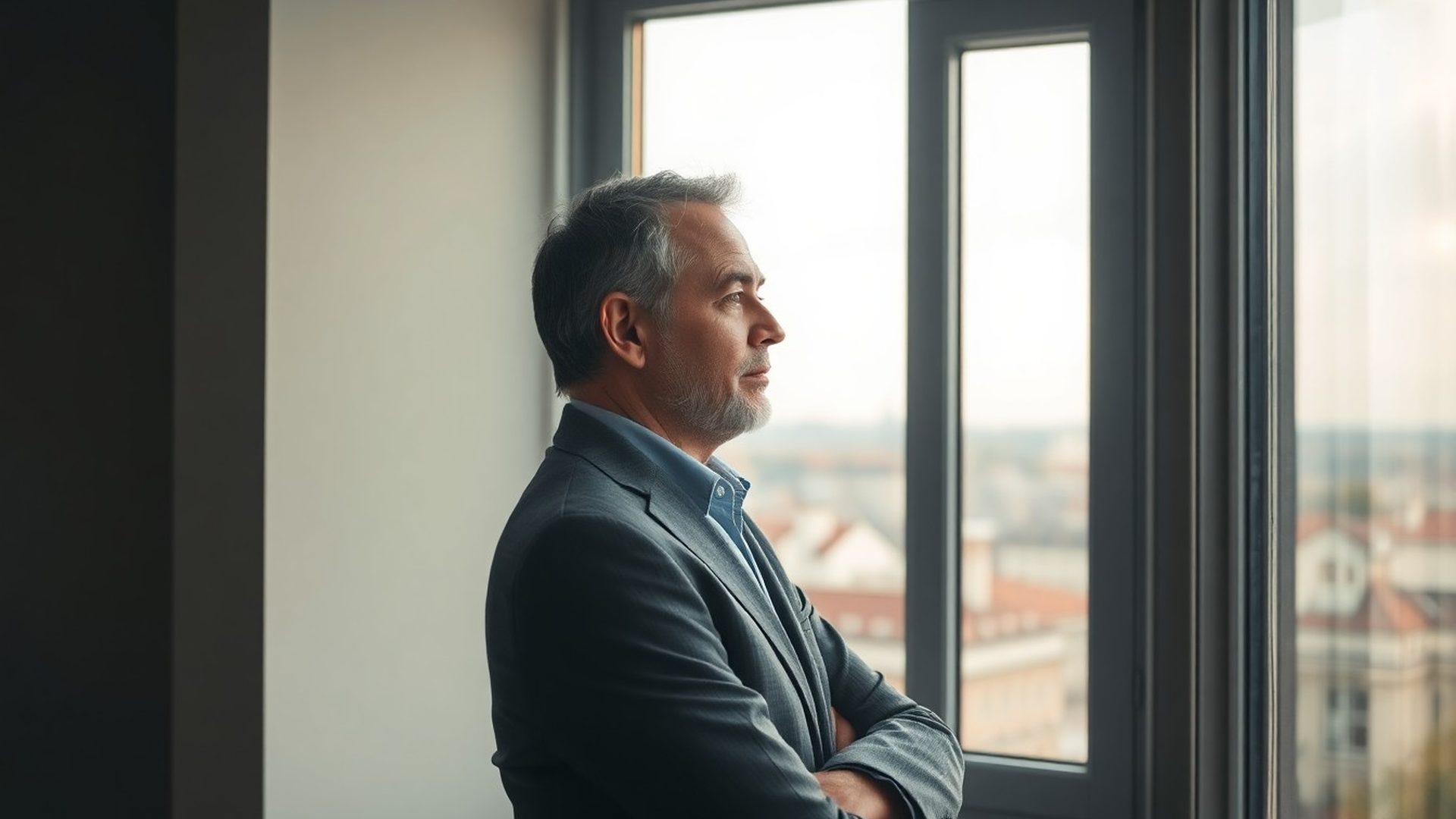 Zralý profesionál hledící z pražské kanceláře na otevřený horizont